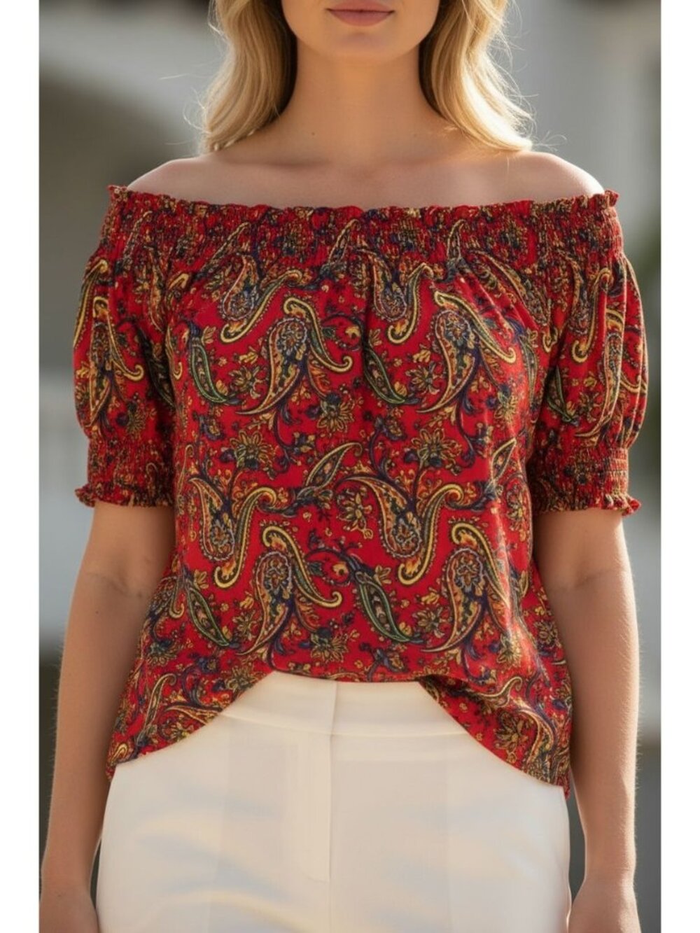 Lauren Ralph Lauren Top Womens Large Red Paisley Off Shoulder Smocked Boho NEW